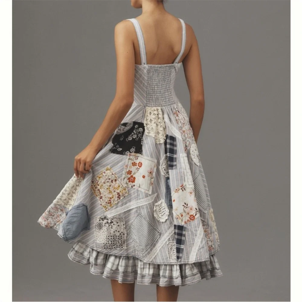 Anthropologie Pilcro Jenna Scoop Neck Drop-Waist Patchwork Dress Boho Size. 4 - Picture 2 of 10